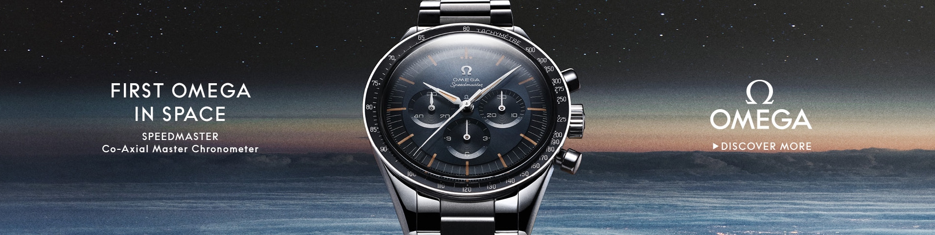 Image of Omega banner with Omega speedmaster watch, with text First Omega in Space - Speedmaster - Co-Axial Master Chronometer - Omega - Discover More